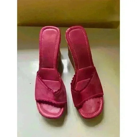 Women's Pink Patent Leather Cork Wedges Size 7.5 Slide Sandals - Picture 2 of 5